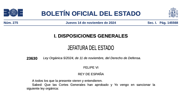 Ley Orgánica 5/2024, de 11 de noviembre, del Derecho de Defensa.