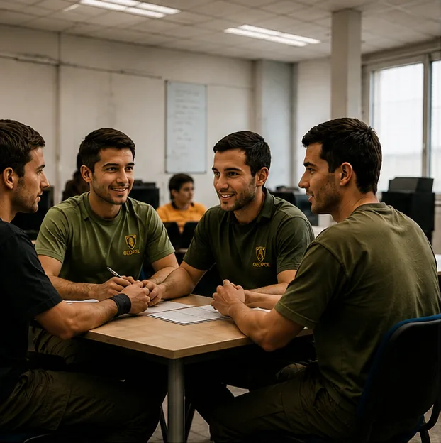 Grupo de militares estudiando juntos en un aula de GEOPOL